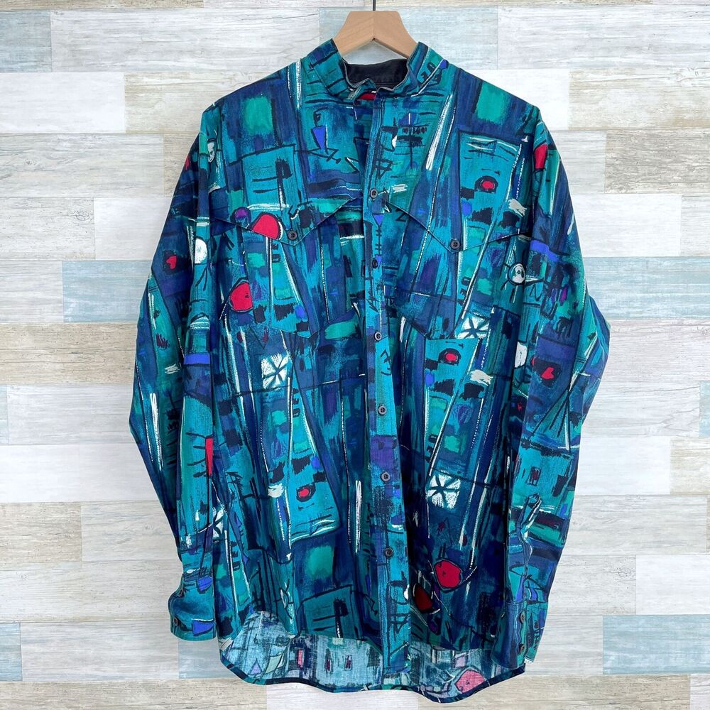 Roper Vintage Western Rodeo Shirt Blue Retro 90s Print Cowboy USA Mens Large